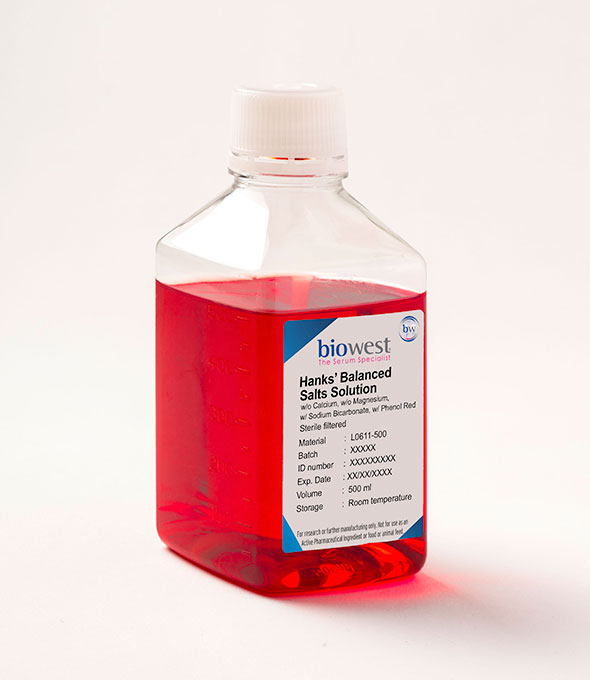 Solución salina equilibrada de Hanks (HBSS) sin calcio sin magnesio con bicarbonato sódico con rojo fenol (BIO-L0611-500)